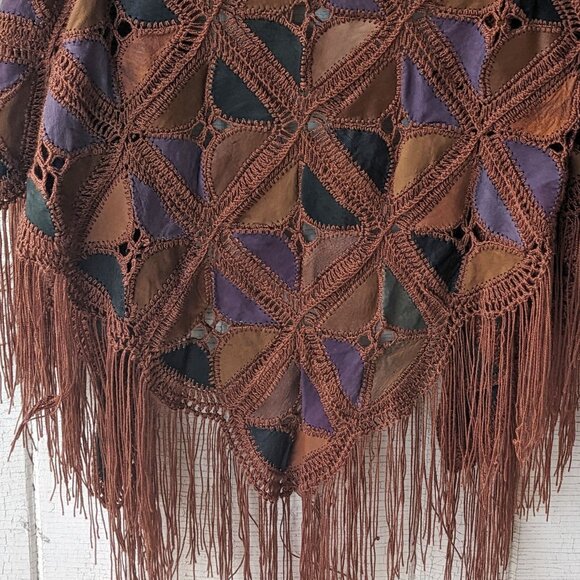 Lightweight Vintage Patchwork Crochet Leather Shawl - Picture 1 of 9